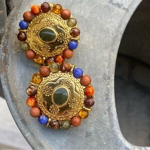 Vintage Western Trinket Stone Gold Tone Clip On Earrings LC